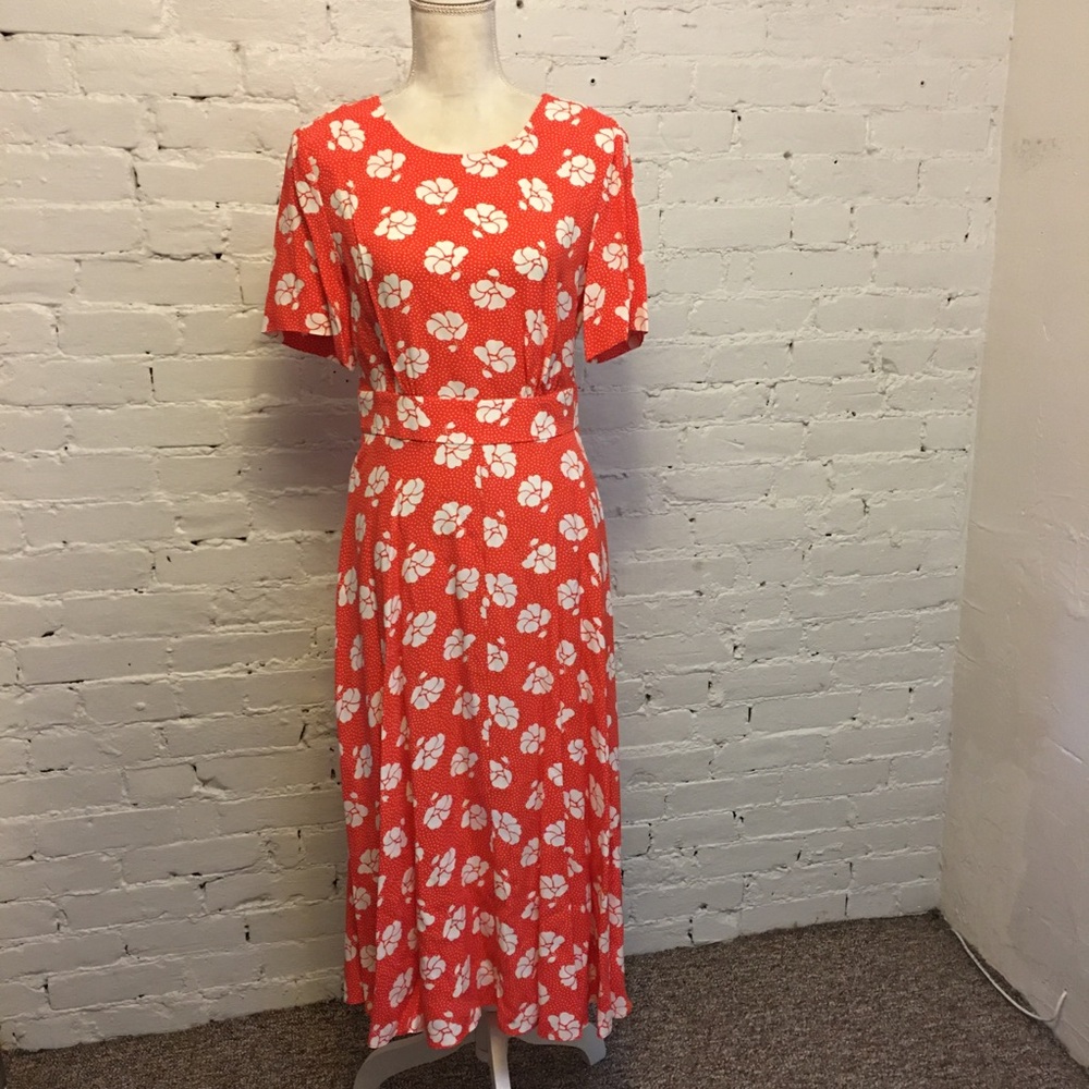 Boden forties style midi tea dress orange floral size 8L UK 12